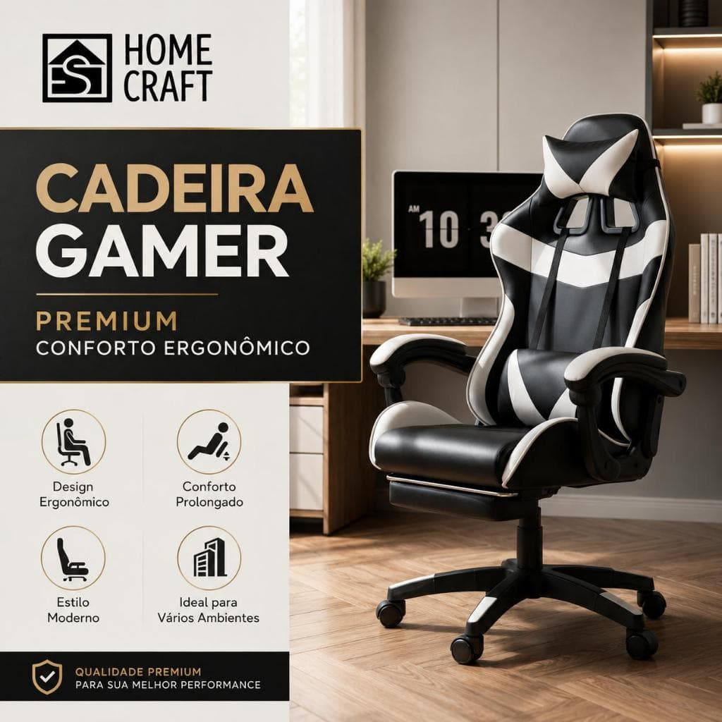 Cadeira Gamer Ergonômica Ajustável, Cadeira de Escritório Confortável com Rodas 360° e Suporte Lombar