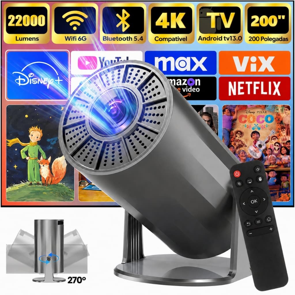 Projetor inteligente portátil 4K Ultra HD HDMI Wi-Fi Bluetooth,alto-falante embutido