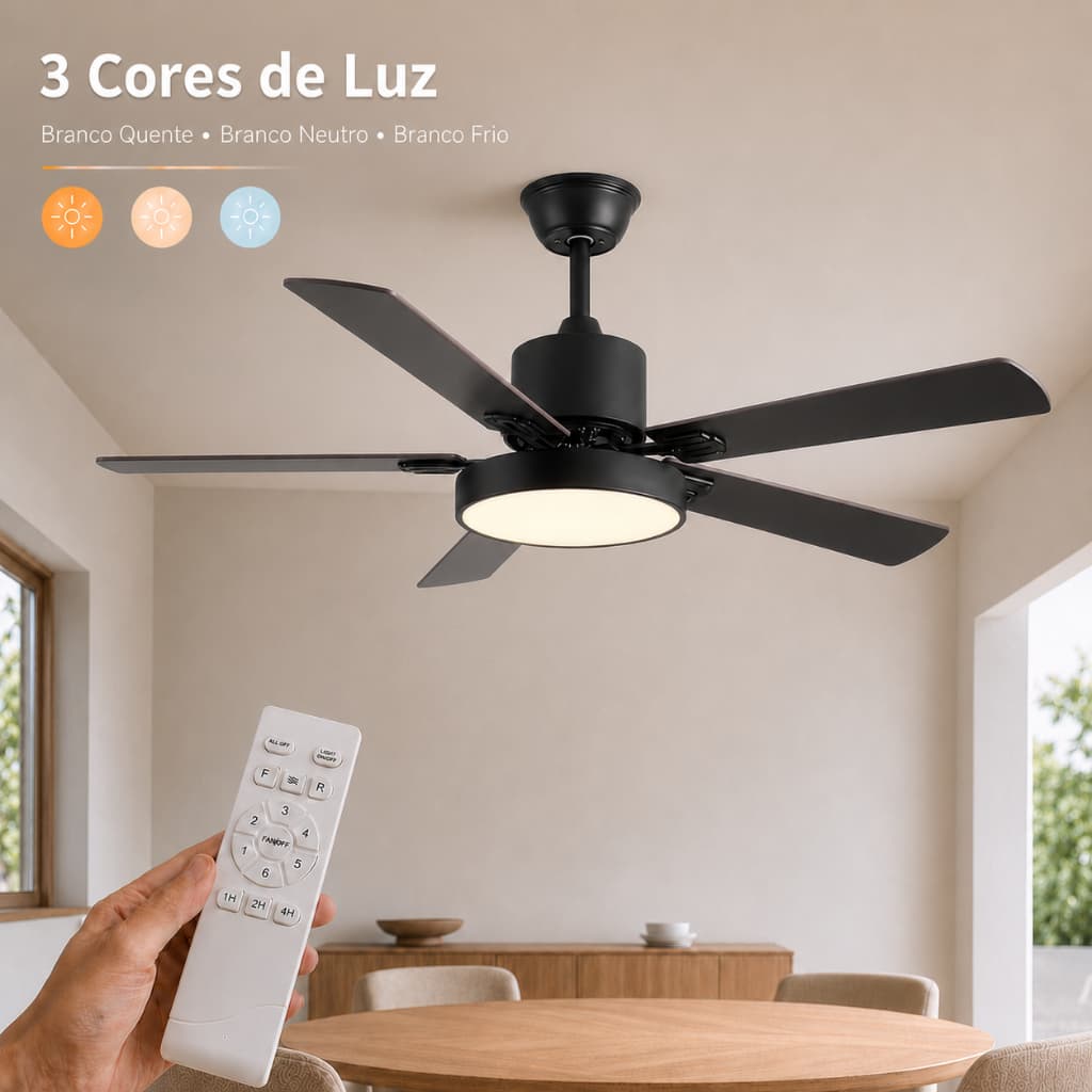 3 Cores Ventilador de Teto com Luz LED 42/48/52 Pol Bivolt Controle Remoto 6 Velocidades Sala Quarto