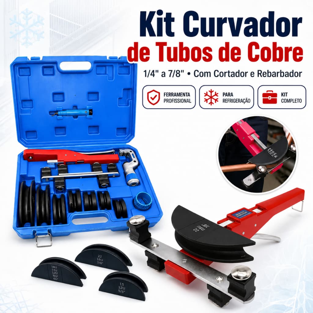 Kit Curvador de Tubos Cobre 1/4" a 7/8" com Rebarbador e Cortador - Ferramenta Profissional para Refrigeração