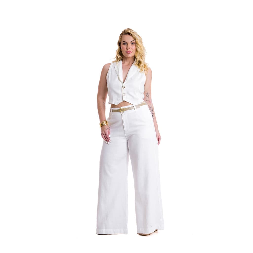 Conjunto Colete e Calça Pantalona Moda Plus Size com Cinto Social Alfaiataria