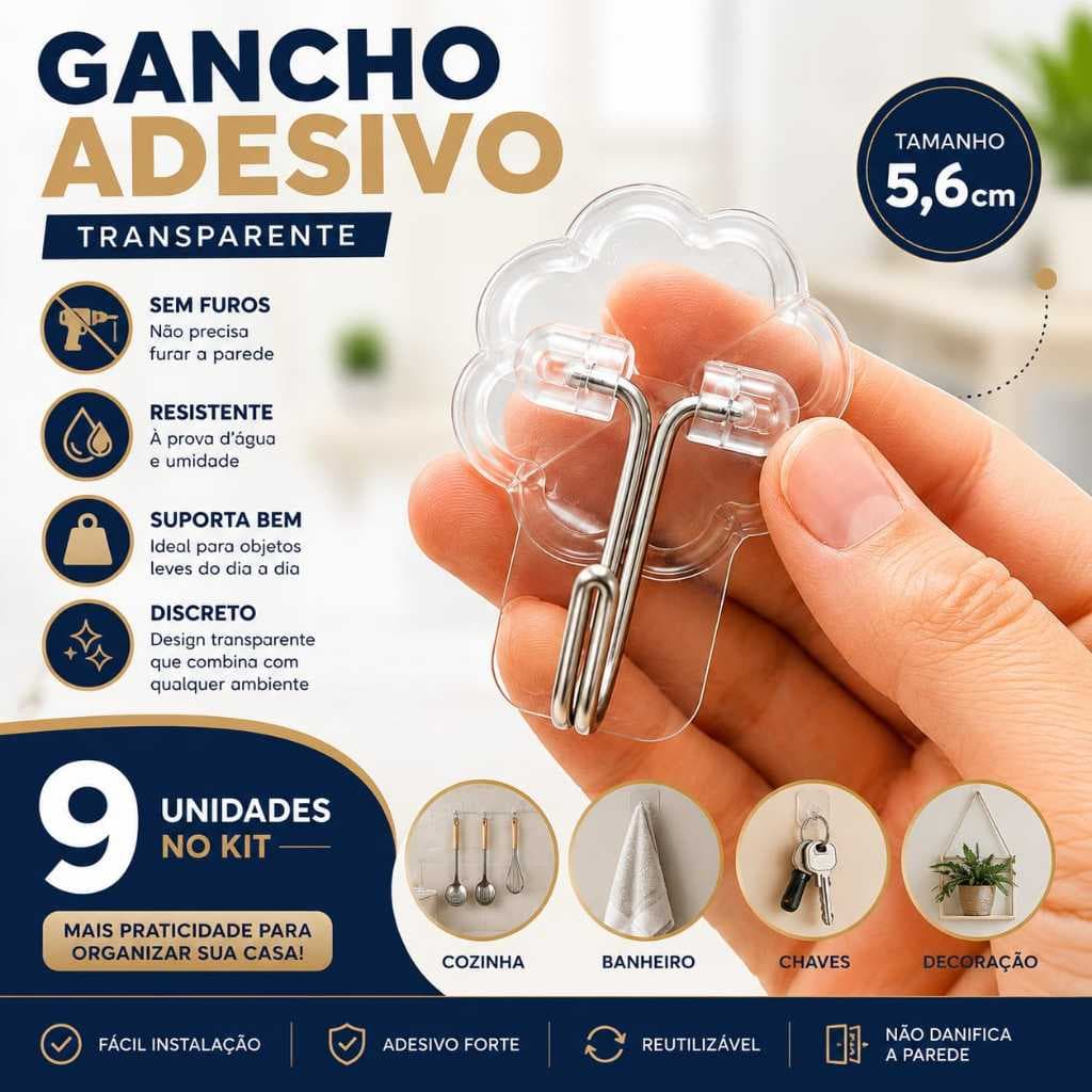 Kit 9 Ganchos Adesivos Transparentes 5,6cm Suporte de Parede Multiuso Sem Furos Cozinha, Banheiro Casa e Organização