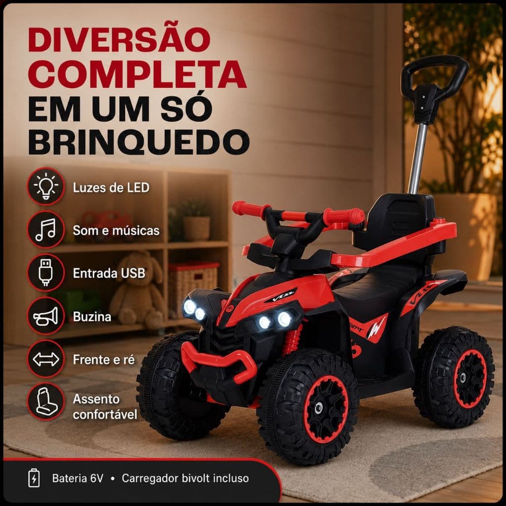 Quadriciclo Elétrico Infantil 6V com Haste para Pais, Luz LED, Som, USB e Ré – Vermelho