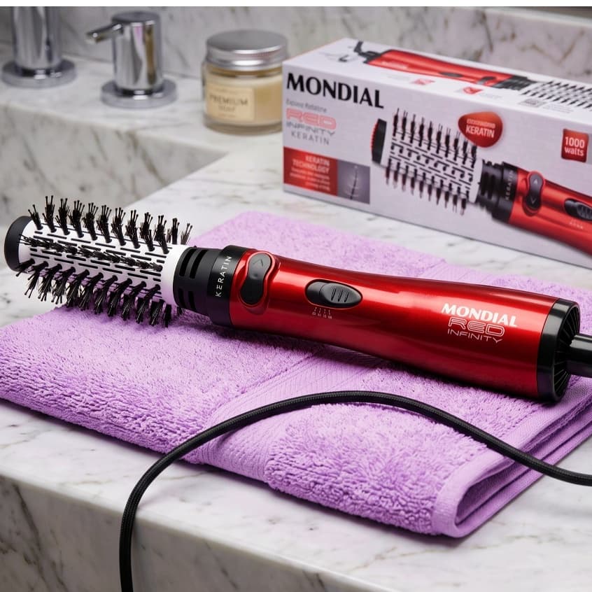 Escova Rotativa Mondial 1000W Menos Frizz Brilho Resultado de Salão Modela Com Brilho Seca Duplo Giro Cerâmica Queratina