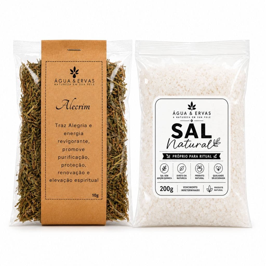Cristais de Sal Grosso e Ervas de Alecrim p Banho 200g de Sal Natural sem Quimica e 10g de Erva Selecionada de Alecrim