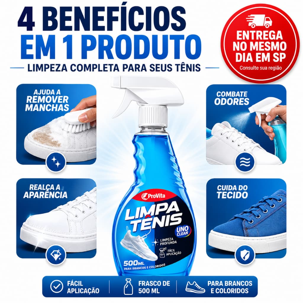 Limpa Tênis Spray Premium Provita Limpeza Profunda 500ml Remove Sujeira Calçado Branco Colorido
