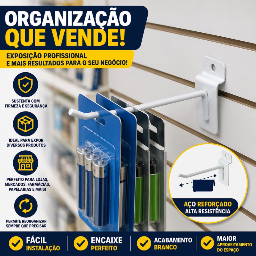 Kit 20 Ganchos Expositores Branco e Preto Para Paineis Canaletado - Todos Os Tamanhos