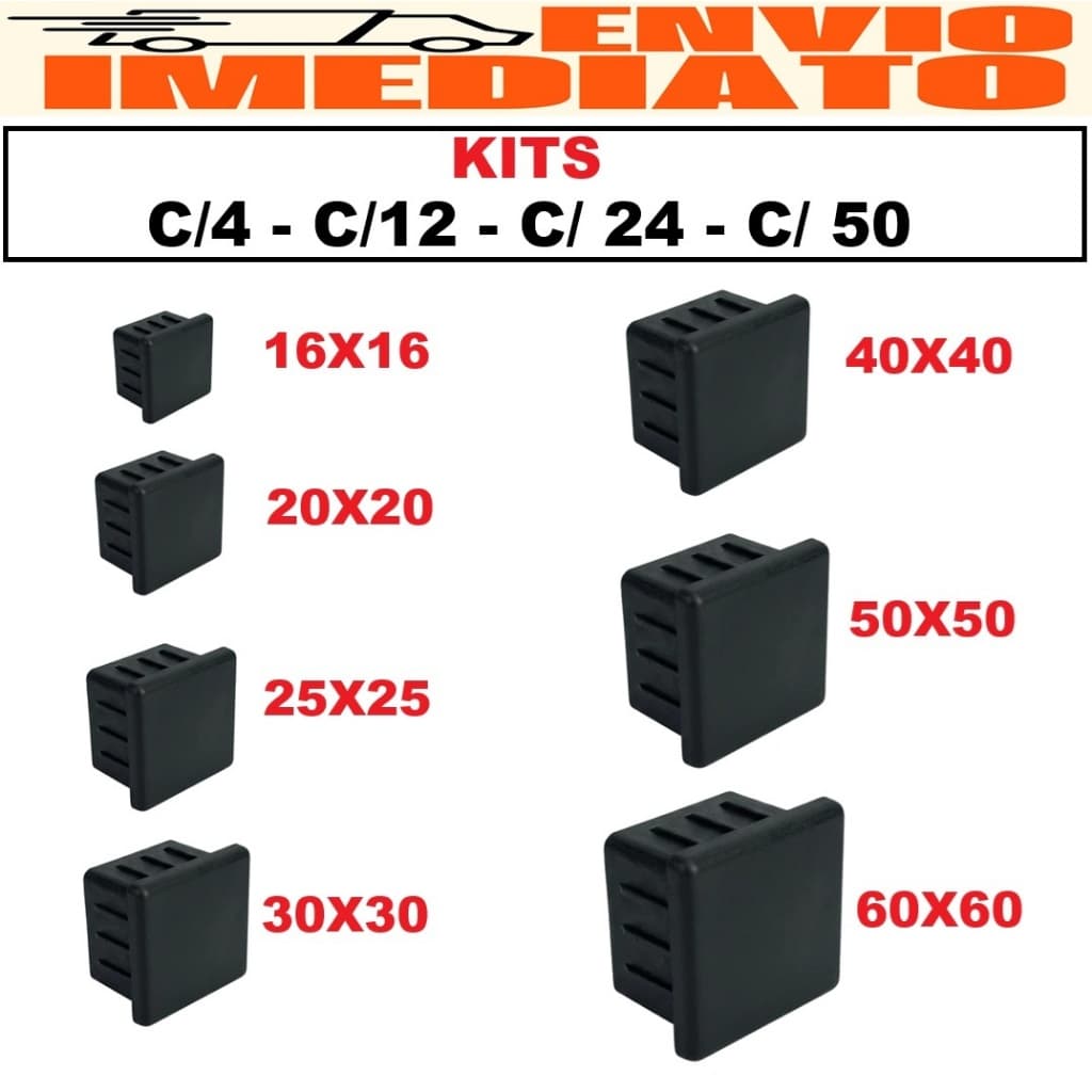 Kit Ponteira Interna Quadrada Varias Medidas Metalon Preta 16x16 20x20 25x25 30x30 40x40 50x50 60x60