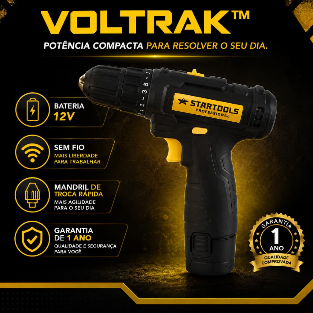 Parafusadeira Furadeira a Bateria 12V Sem Fio Recarregável Mandril Rápido Controle de Torque Voltrak™