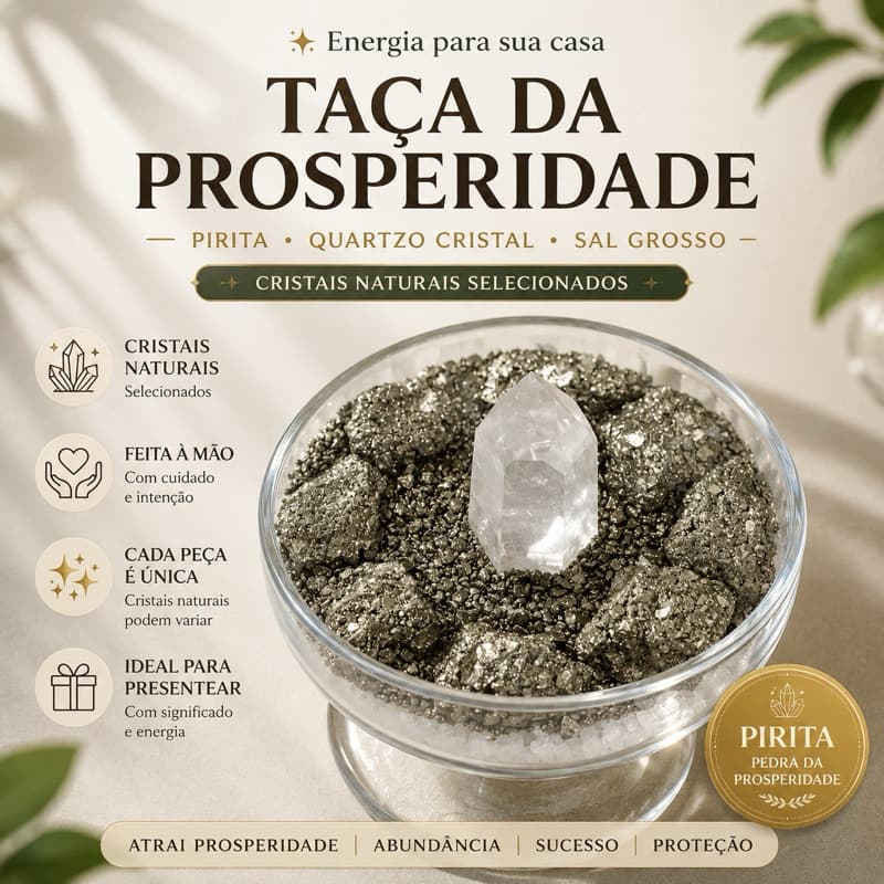 Taça da Prosperidade com Pirita Natural | Taça Energética com Quartzo Cristal, Sal Grosso e Cristais Naturais