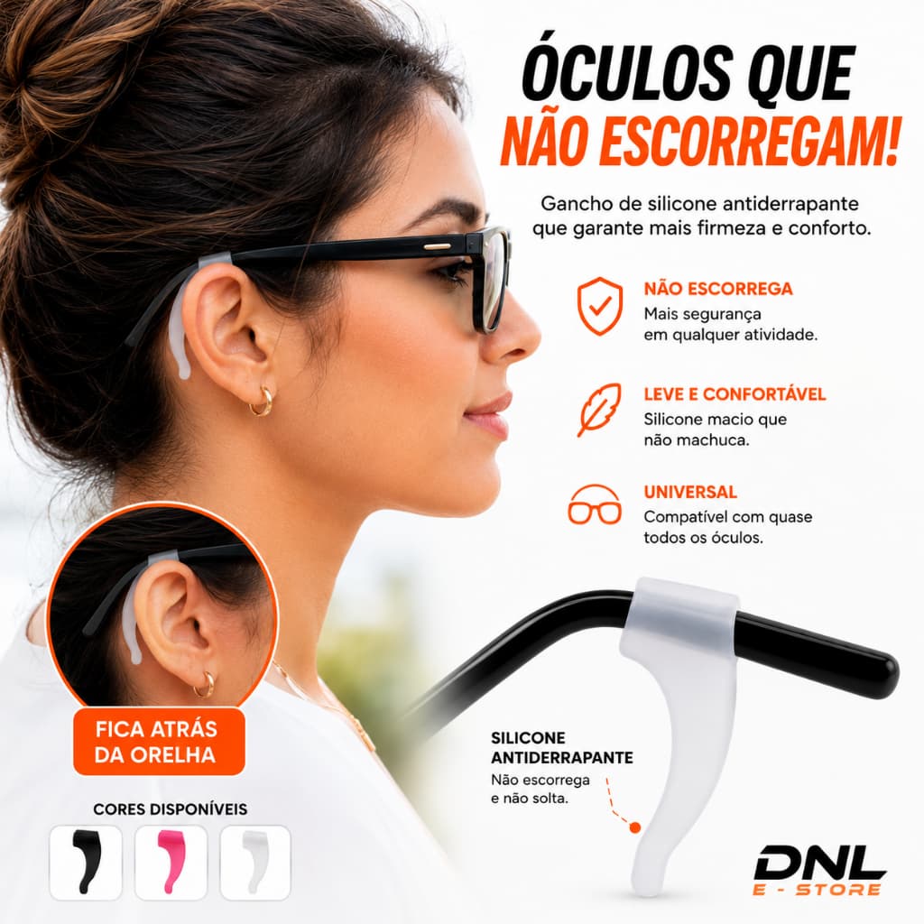 Gancho de Silicone para Óculos Antiderrapante | Trava Haste Anti Escorregamento | Par Universal