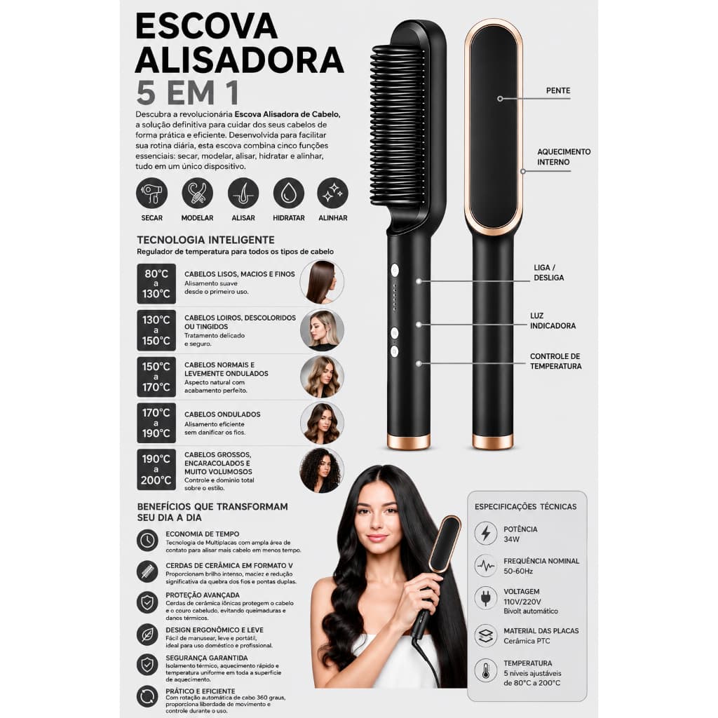 Escova Alisadora Bivolt 5 em 1 Alisa, Hidrata, Modela, Alinha e Anti-Frizz Cor Preto