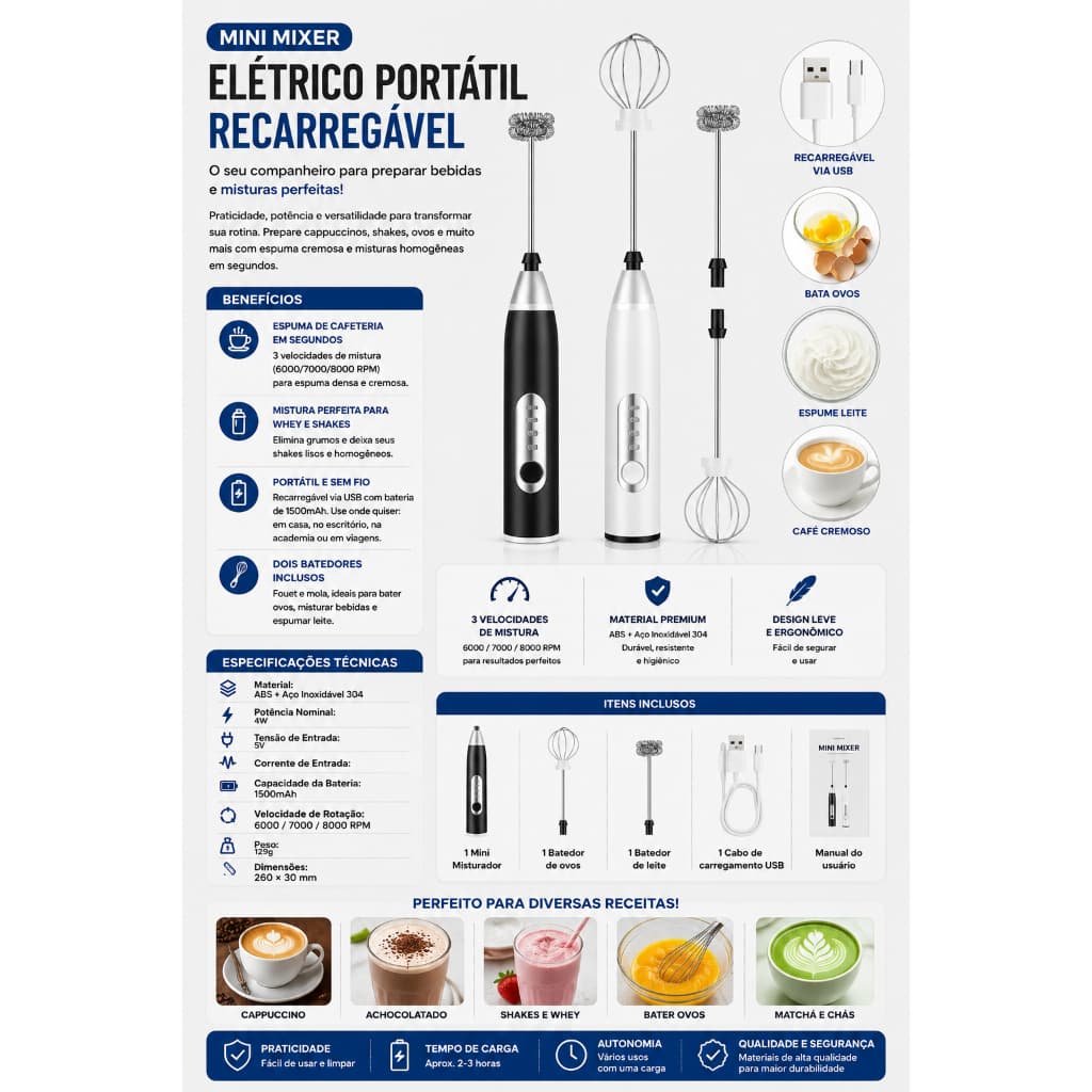 Batedor Misturador Mixer Elétrico Para Bebidas Leite Café Clara de Ovo 2 em 1 Recarregável Portátil