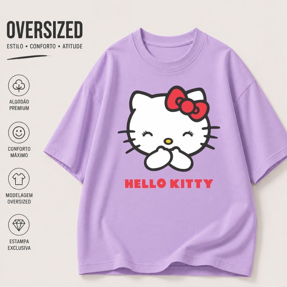 Camiseta Blusa Infantil Manga Curta Oversized 100% Algodão Promoção 4 ao 16  Hello kit Gato Dia a Dia Estilosa Blogueira