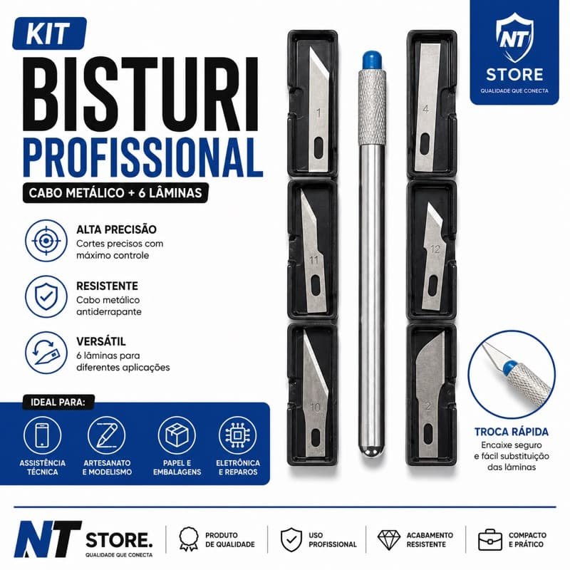 Kit Bisturi Profissional Cabo Metálico Com 6 Lâminas Precisão Para Artesanato Eletrônica Celular