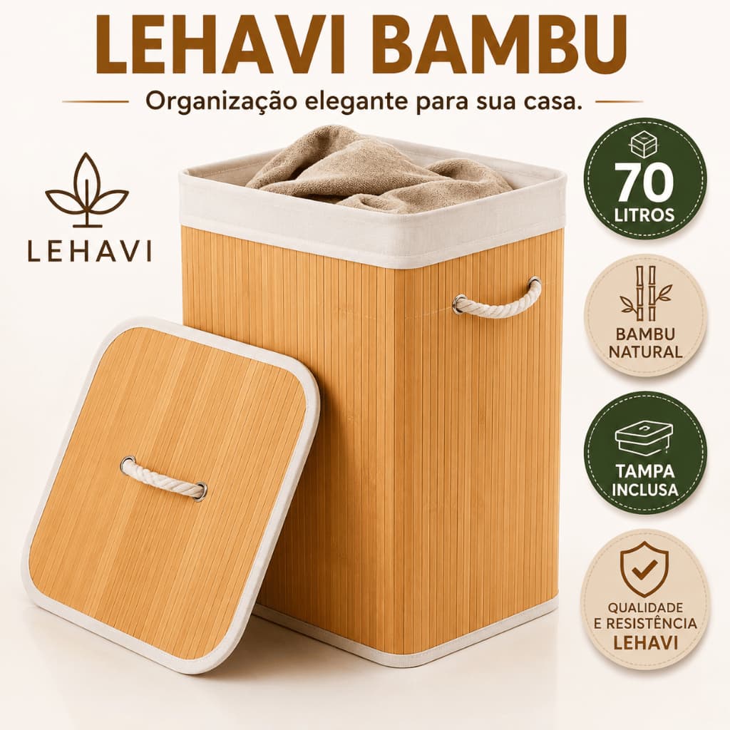 LEHAVI Cesto Organizador de Bambu 70L com Tampa e Alças para Roupas Lavanderia