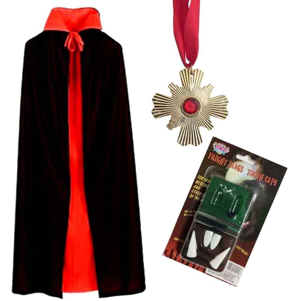 Fantasia Drácula Vampiro Halloween Capa, Dente e Colar Kit