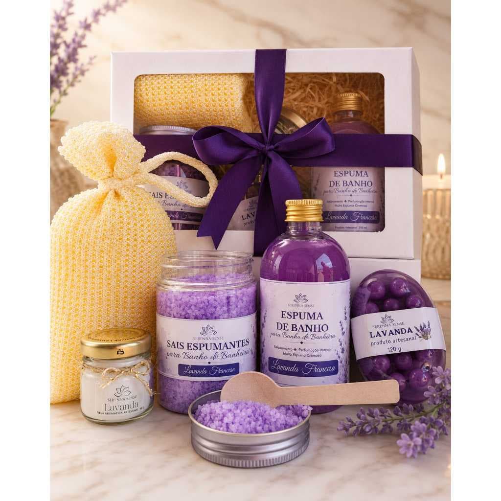KIT SPA - Espuma de Banho 250ml + Sais Espumantes 200gr + Sabonete + Esponja + Vela aromática