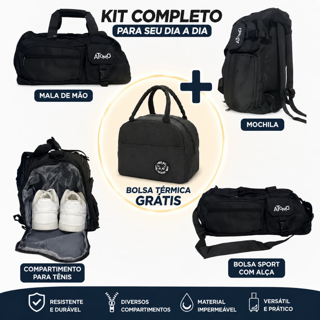 Bolsa 3 em 1 Atomo – Mochila, Mala e Bolsa Academia Transversal para Viagem Unissex