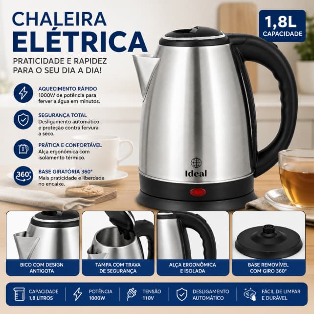 Chaleira Elétrica Inox 1,8L 127V 1000W Base Giratória 360° Automática