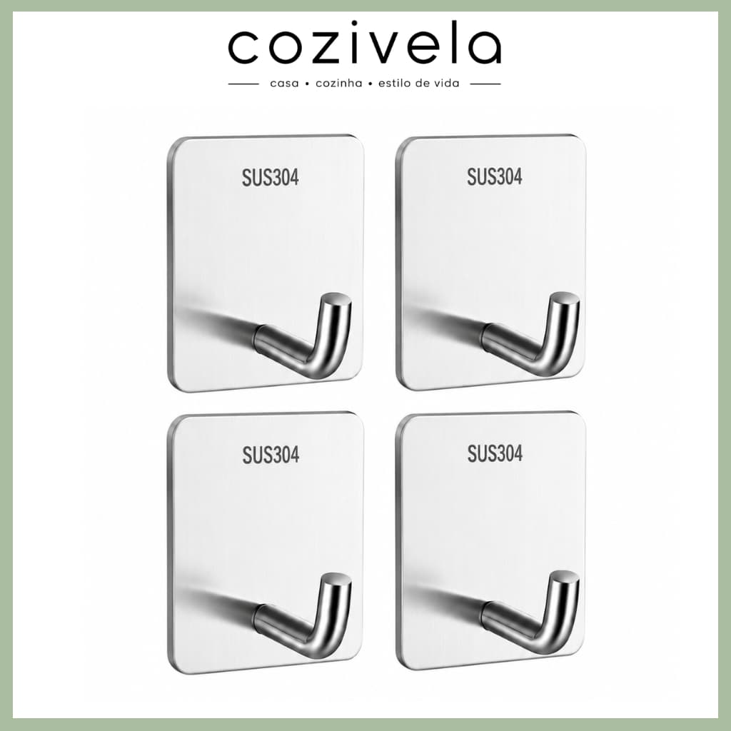 Kit 4 Gancho Adesivo Aço Inox 304 com Reforçado - Cabide De Parede Autocolante