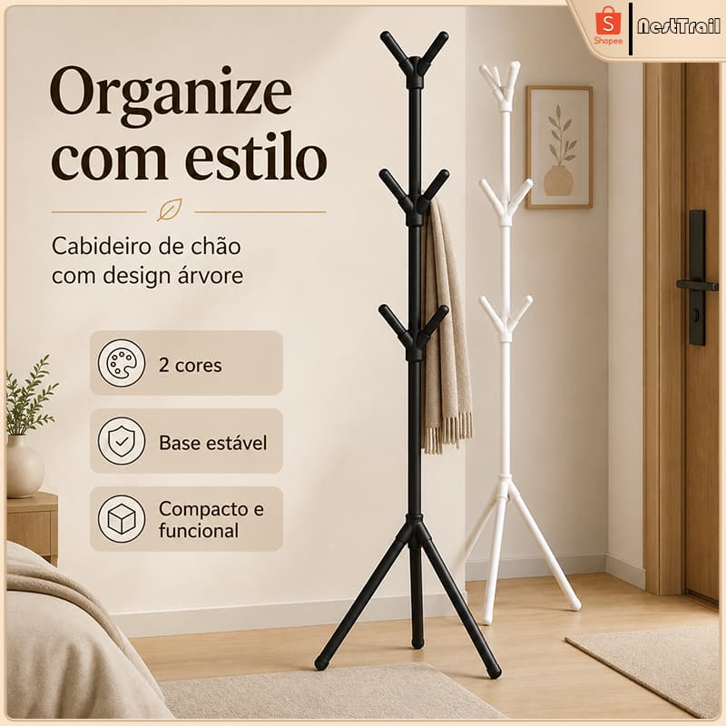 Cabideiro de Chão Tipo Árvore com 9 Ganchos e Base Tripé, Organizador para Roupas, Bolsas, Chapéus e Acessórios