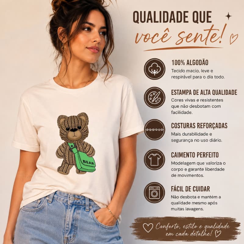 Camiseta Feminina Estampa Urso Delicado Estiloso Qualidade Premium Envio Ja