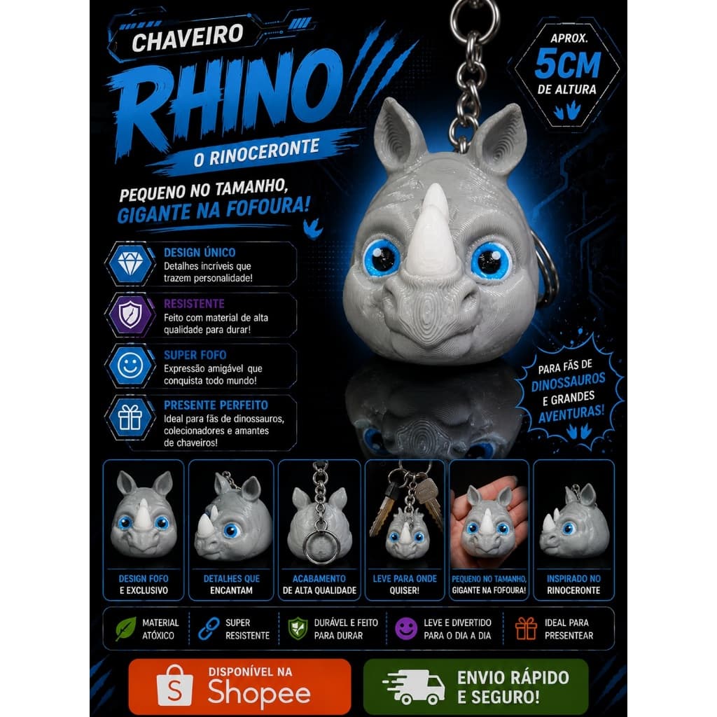 🦏 Chaveiro Rhino | Rinoceronte | Impressão 3D em PLA | Fofo, Leve e Cheio de Personalidade