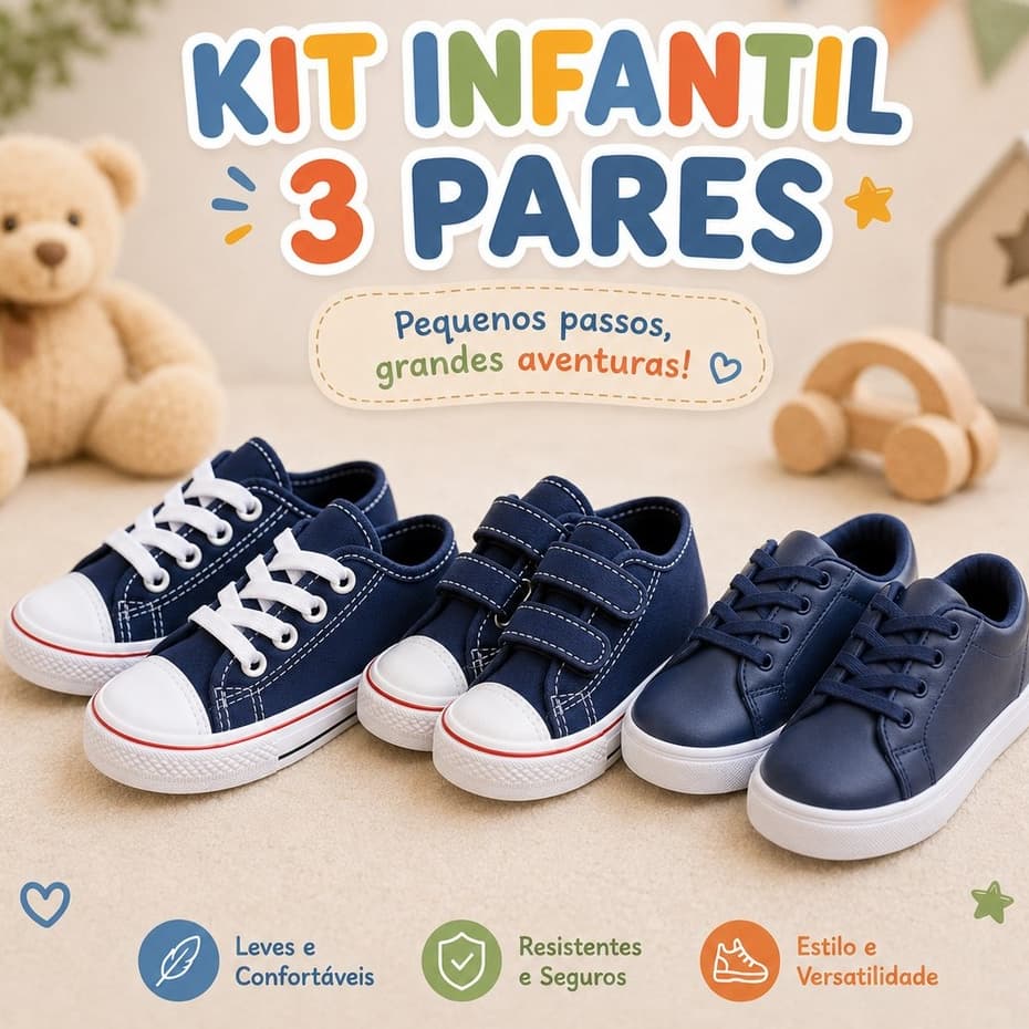 Lindo Kit 3 Pares Tênis Infantil Masculino feminino Unissex casual Escolar Aventuras em Cada Passo