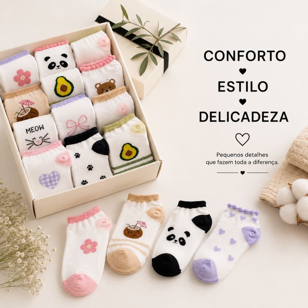 Meia Cano Curto Feminina Premium Algodão Estampada Ajuste Perfeito Respirável Kit 3 ou 6 Pares