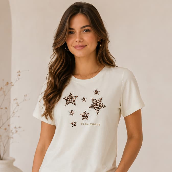 T-shirt Feminina Algodão Peruano Estampa Estrelas Onça Luxo Camiseta Manga Curta Casual Gola Careca Blusa Feminina