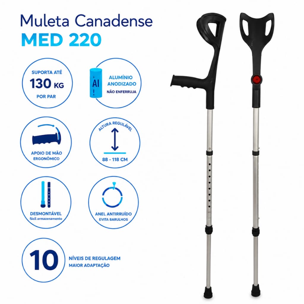 Par Muleta Canadense Desmontável Em Alumínio Leve AJustável Até 130kg Antiderrapante 10 níveis de Altura