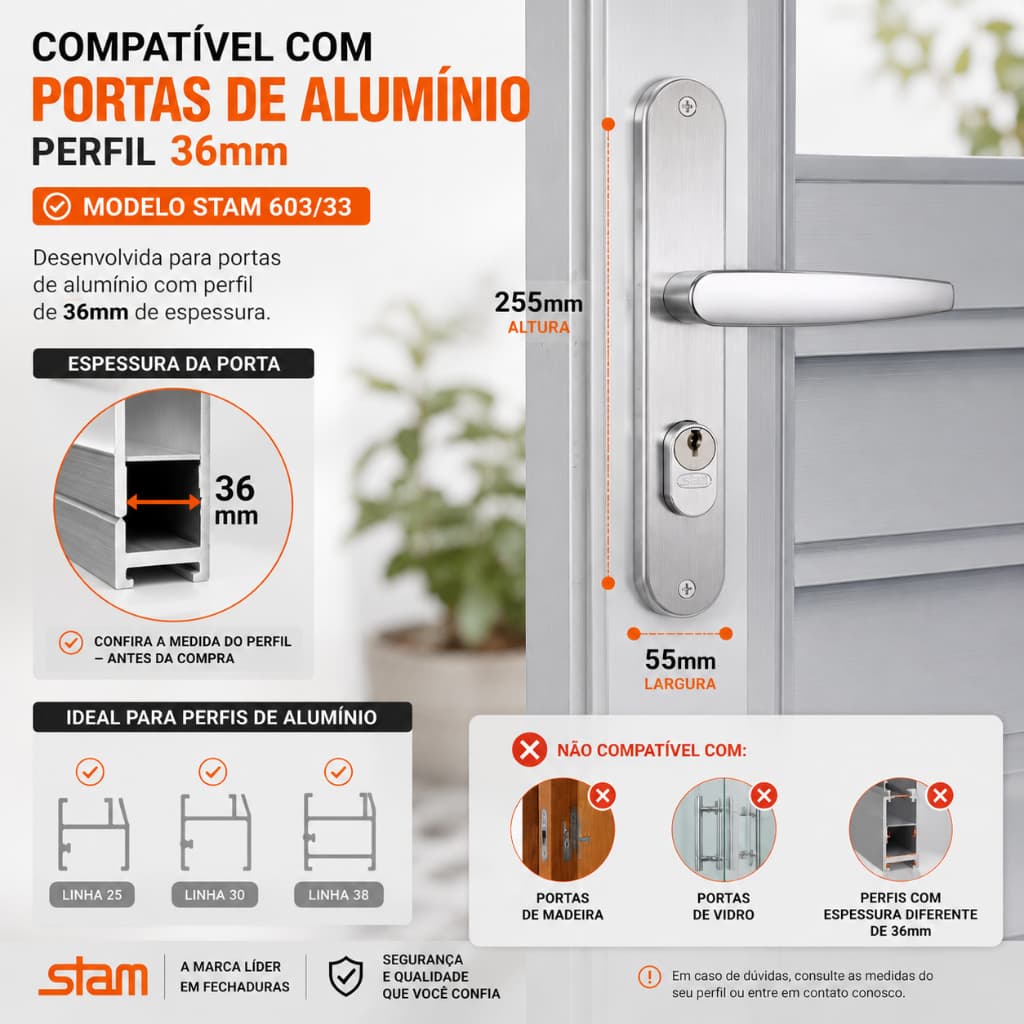 Fechadura Stam 603/33 para Porta de Alumínio Perfil 36 mm Inox Original