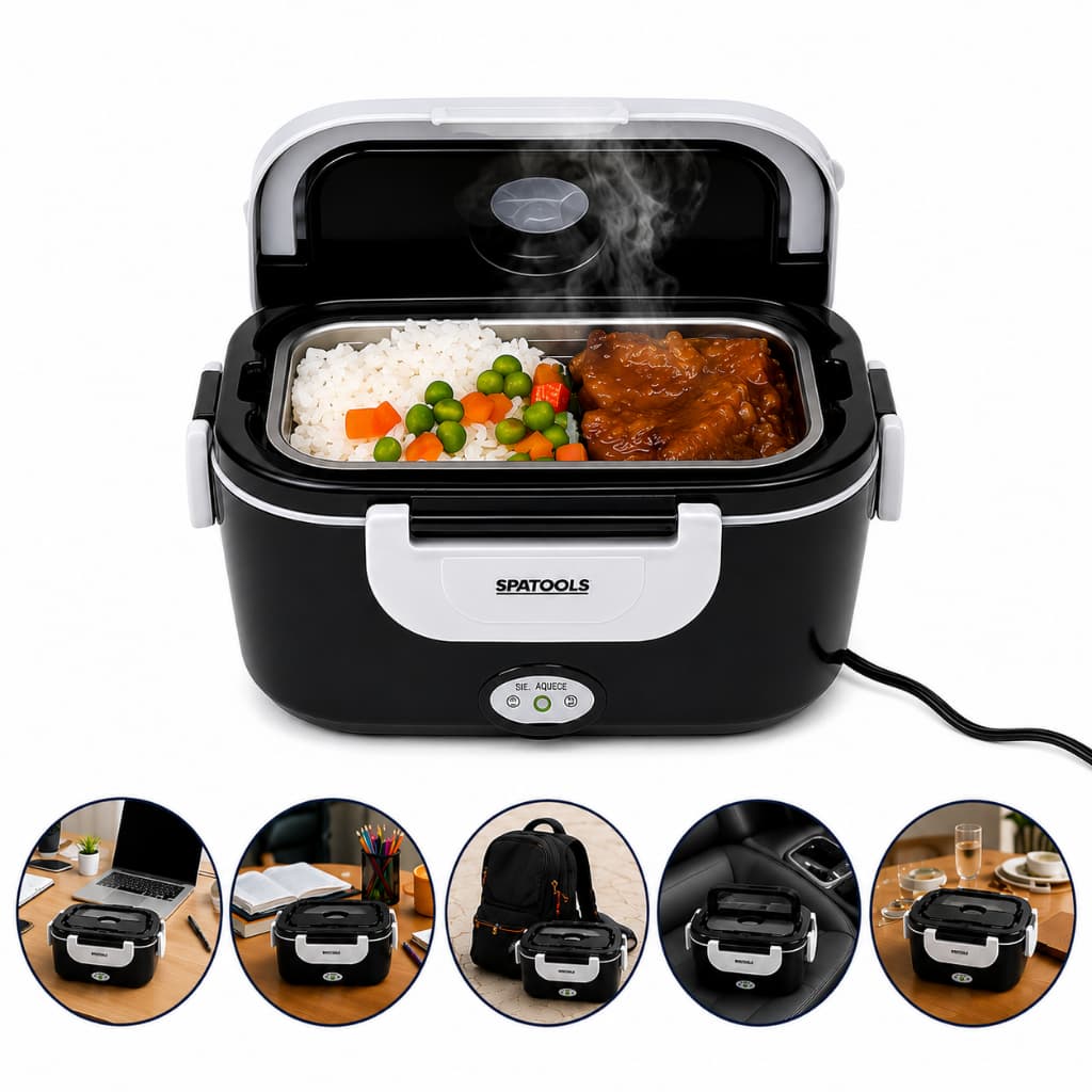 Marmiteira Elétrica Bivolt 1,5L Aquecedor de Marmita Portátil 60W com Compartimentos Colher e Travas de Segurança