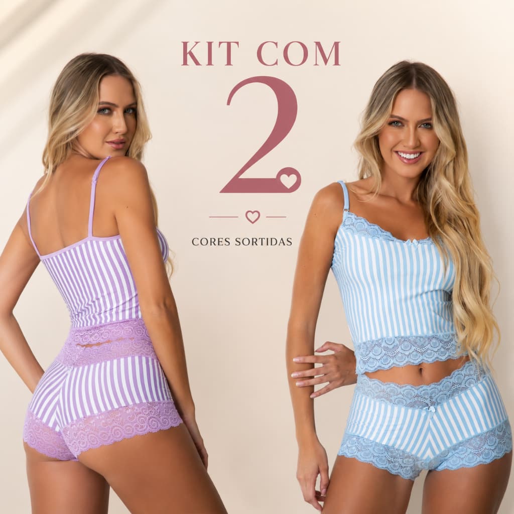 Kit 2 Baby Doll Josiane Short Doll Listrado com Renda  Pijama Feminino Adulto a Baby Doll Fresquinho