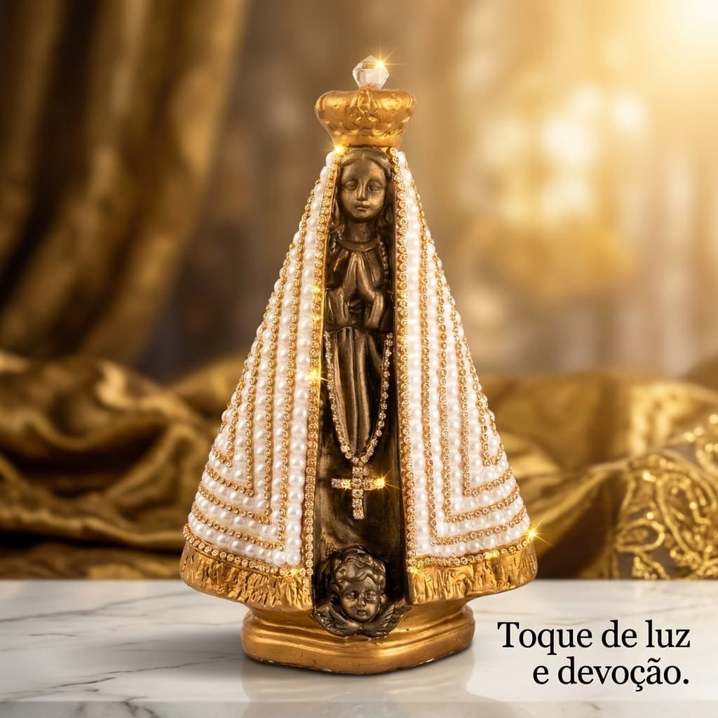 Imagem de Nossa Senhora Aparecida Artesanal 25 cm em Gesso Customizada com Pérola Strass e Cristal Presente Religioso