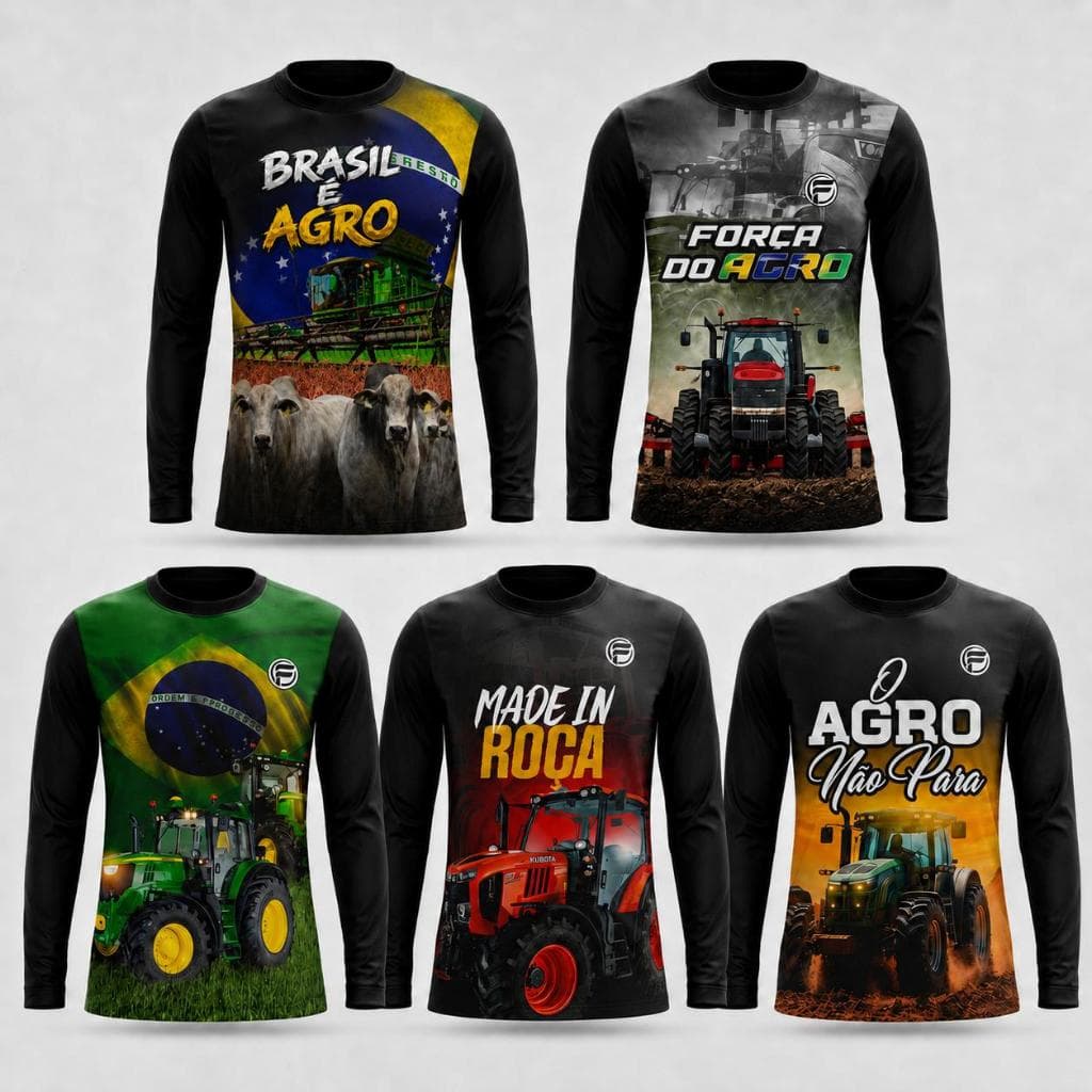 Kit 5 Camisa do Agro Masculina Diversas UV Trator Proteção Solar Brasil Agropecuária Camiseta