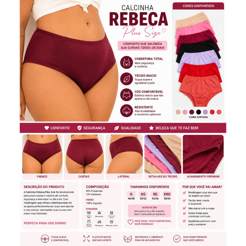 KIT COM 10 CALCINHA PLUS SIZE REBEKA PALLA LARGA DUPLA NAS LATERAIS DIVERSAS CORES E TAMANHOS.