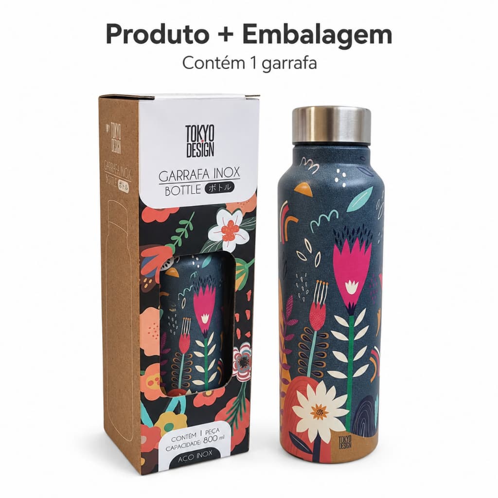 Garrafa Aço Inox 800ml Estampas Floridas Água Coleção