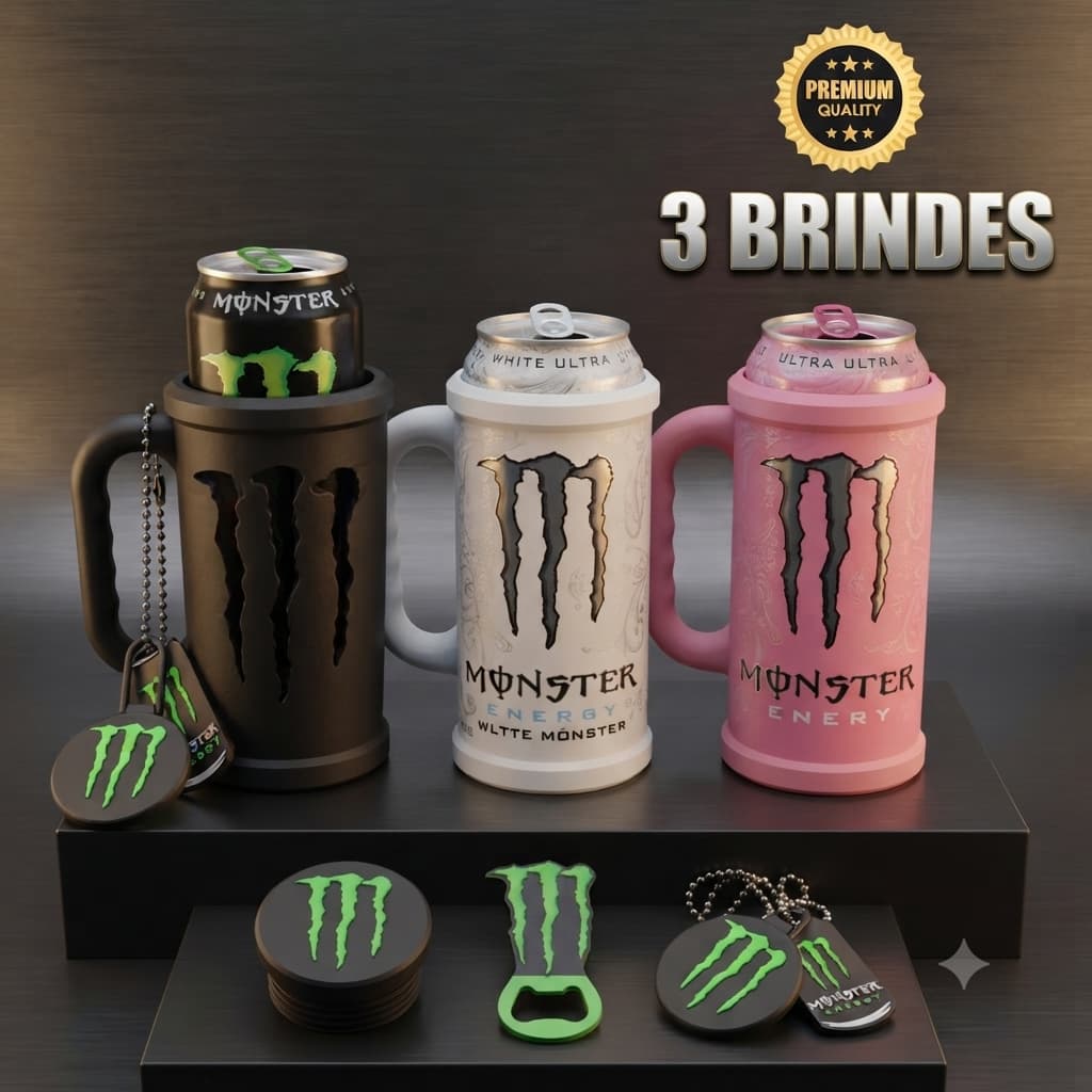 Kit Porta Lata Monster 350ml e 473ml Tipo Caneca + 3 Brindes: Tampa, Abridor e Chaveiro | Presente Geek