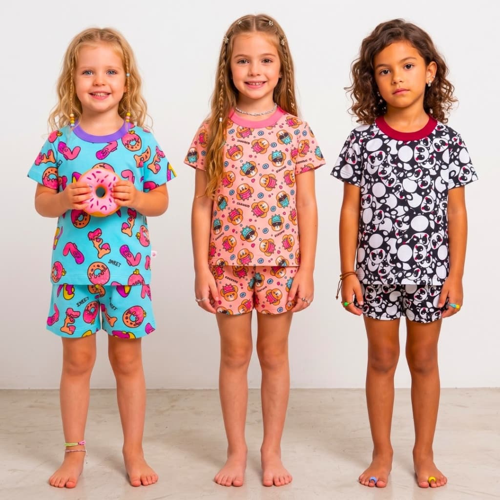 Kit 6 Peças Pijama Infantil Verão Menina 3 Camiseta 3 Bermuda em Algodão Estampado 1 ao 16 anos