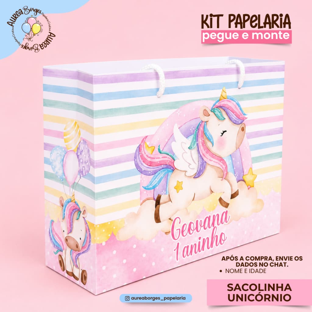 Sacolinha Personalizada Unicornio Papel Offset 180g 15x19,5x7cm Festa Menina