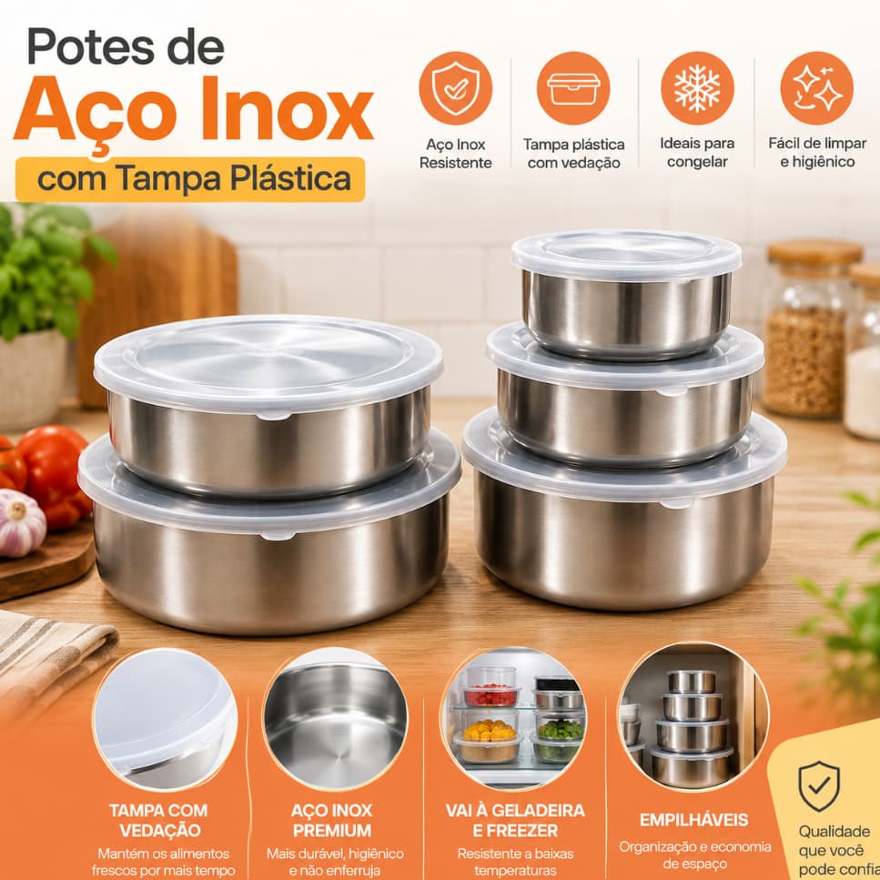 Kit 5 Potes Inox Com Tampa Redondo Porta Alimentos Cozinha Jogo Organizador Cozinha