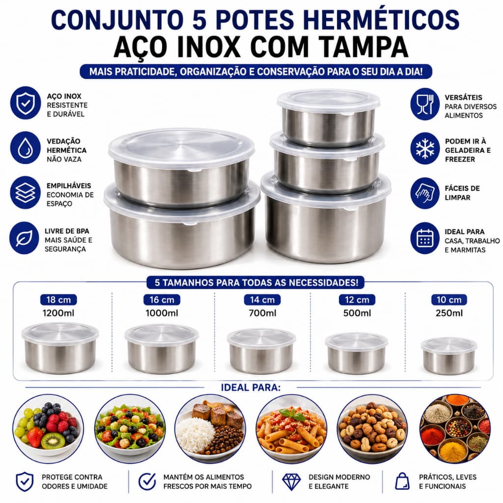 Kit 5 Potes Herméticos Redondos em Aço Inox com Tampa Vedação Segura Empilháveis para Alimentos Marmitas e Cozinha