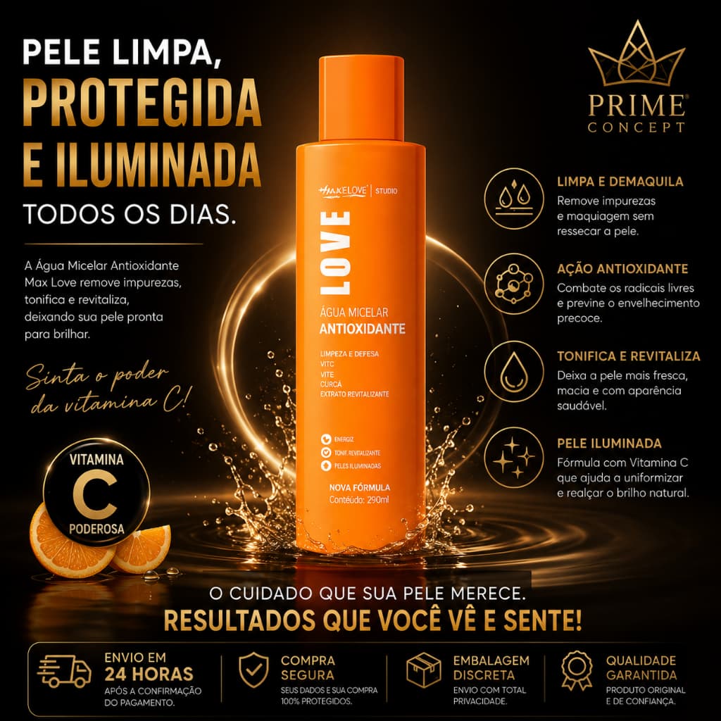 Água Micelar Demaquilante Max Love 300 Ml - Antioxidante Demaquila e Ilumina
