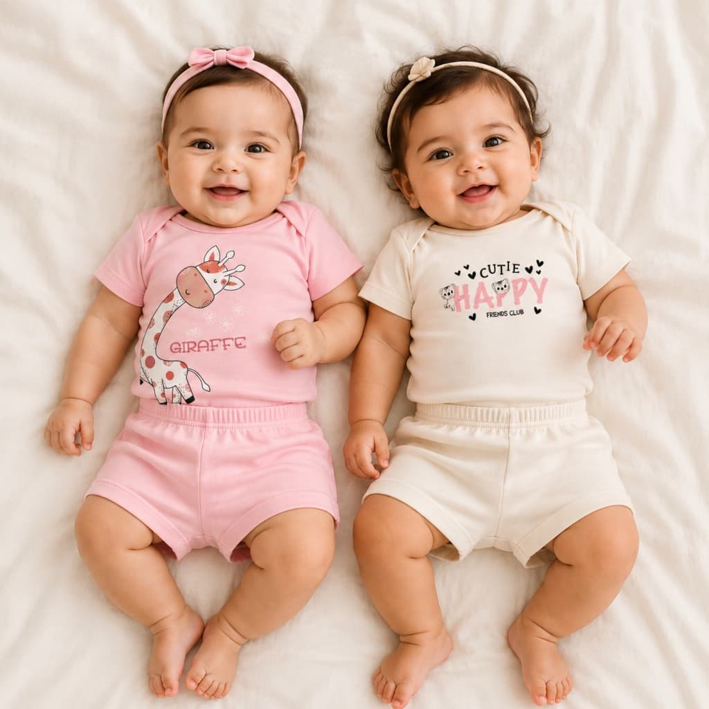 Kit 2 ou 4 Conjuntos Estampados Verão Bebê Menina Body + Shorts Tapa-Fralda 100% Algodão P ao GG