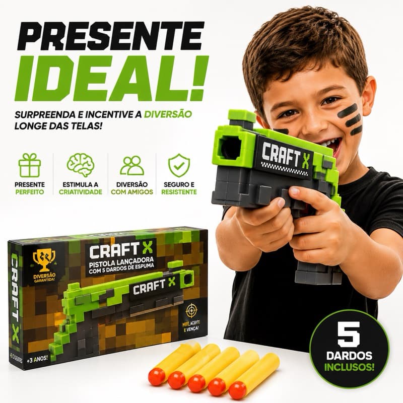 Pistola Lançadora de Dardos de Espuma Infantil | Brinquedo Estilo Blocos com 5 Dardos | Diversão Segura para Crianças