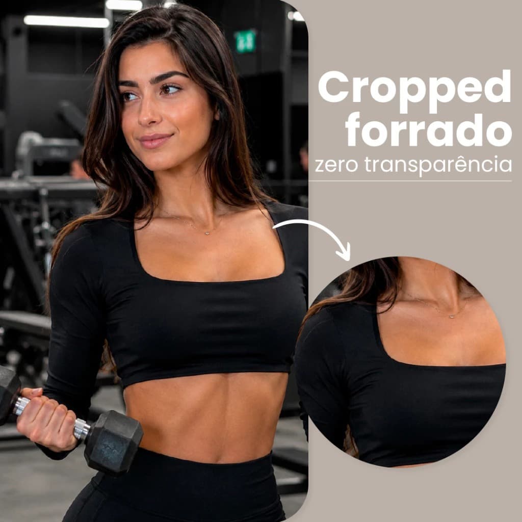 Cropped Academia Feminino Manga Longa Suplex Forrado Zero Transparência Modelador Fitness Premium