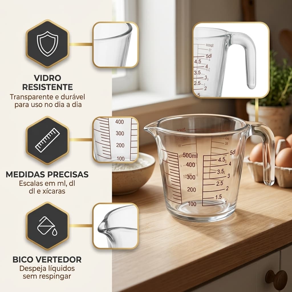 Jarra Medidora de Vidro 500ml Copo Medidor com Bico Vertedor Cozinha