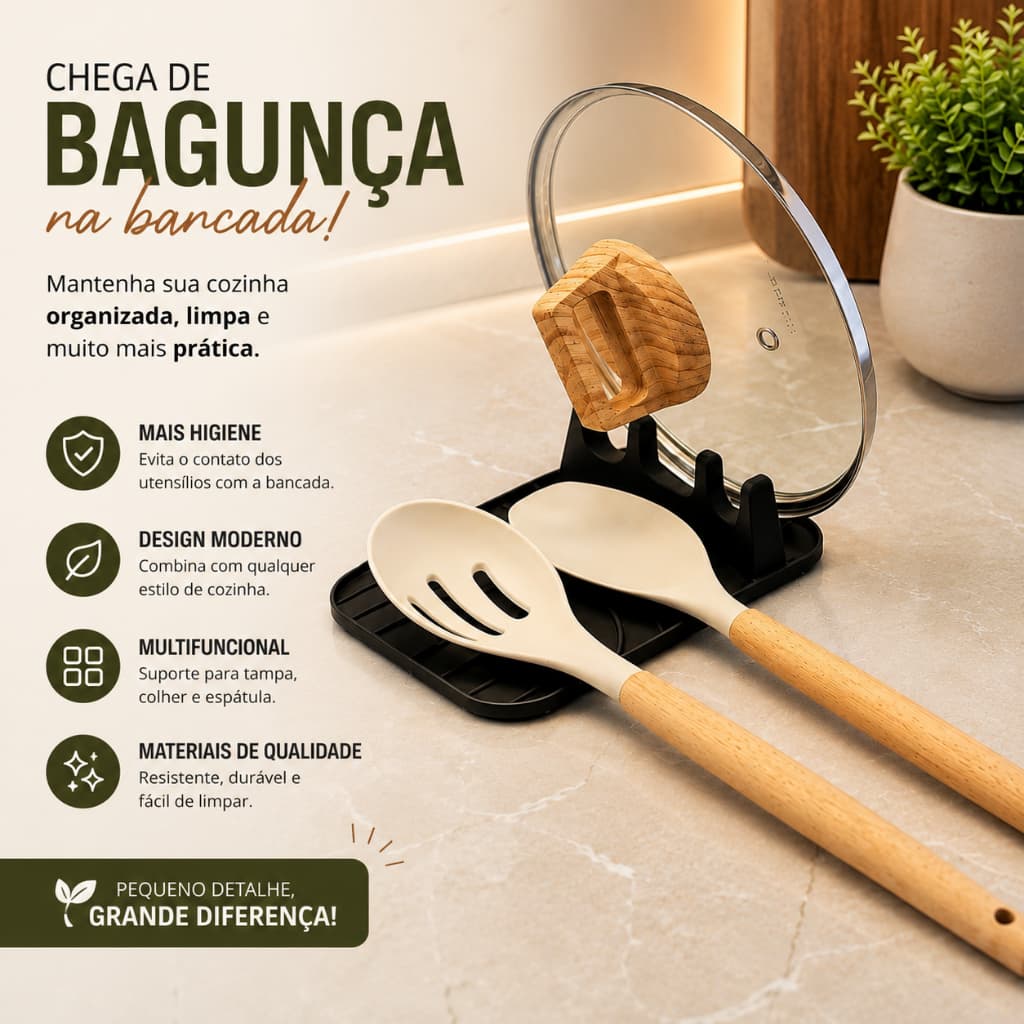 Suporte para Colher, Porta Tampa de Panela, Organizador de Bancada e Descanso para Utensílios de Cozinha.